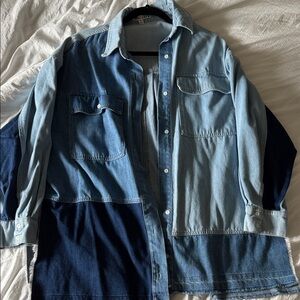 Signature8 Patchwork Denim Shirt Jacket in Light and Dark Blue